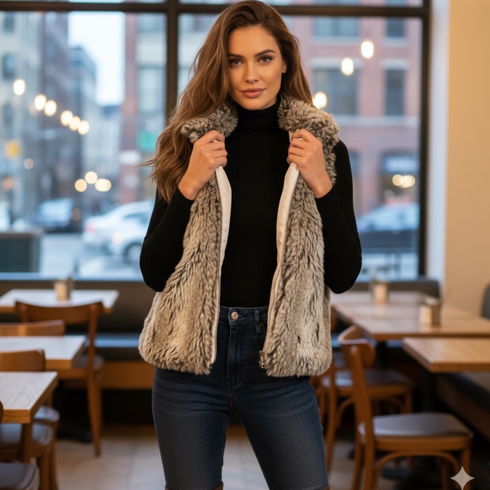 Chic Women's Faux Fur Vest in Gray with zipper - Picture 1 of 12